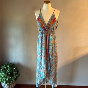 Ben & Lisa SILK  hi low midi faux wrap sun dress  Multicolor blue multi boho XL
